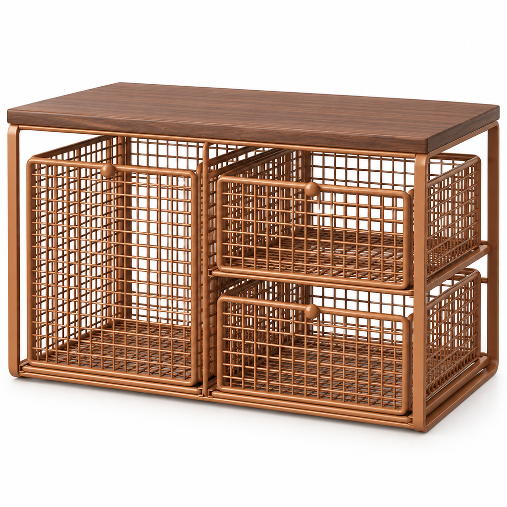 3-Drawer Wire Basket Organizer with Wood Top