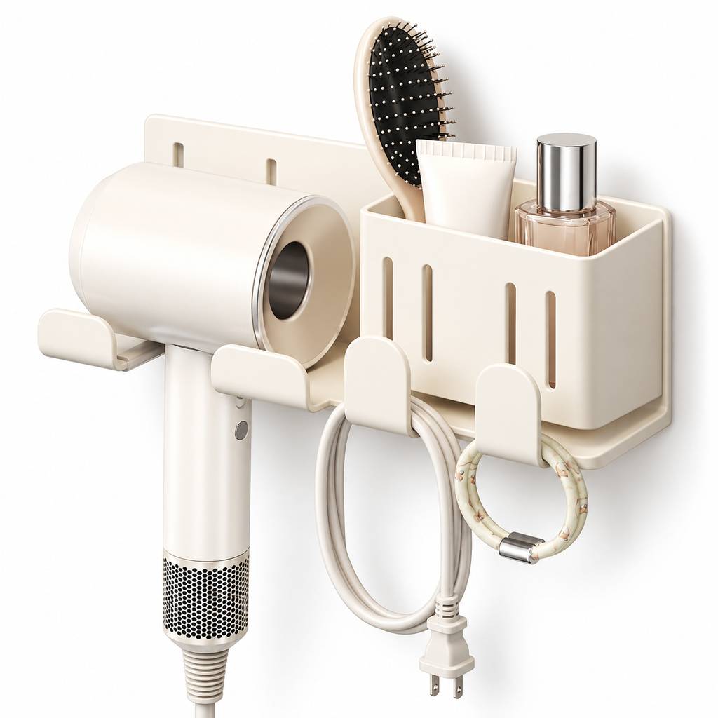 Wall-Mounted Hair Dryer Holder with Storage Caddy