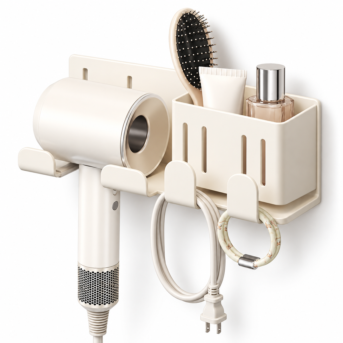 Wall-Mounted Hair Dryer Holder with Storage Caddy