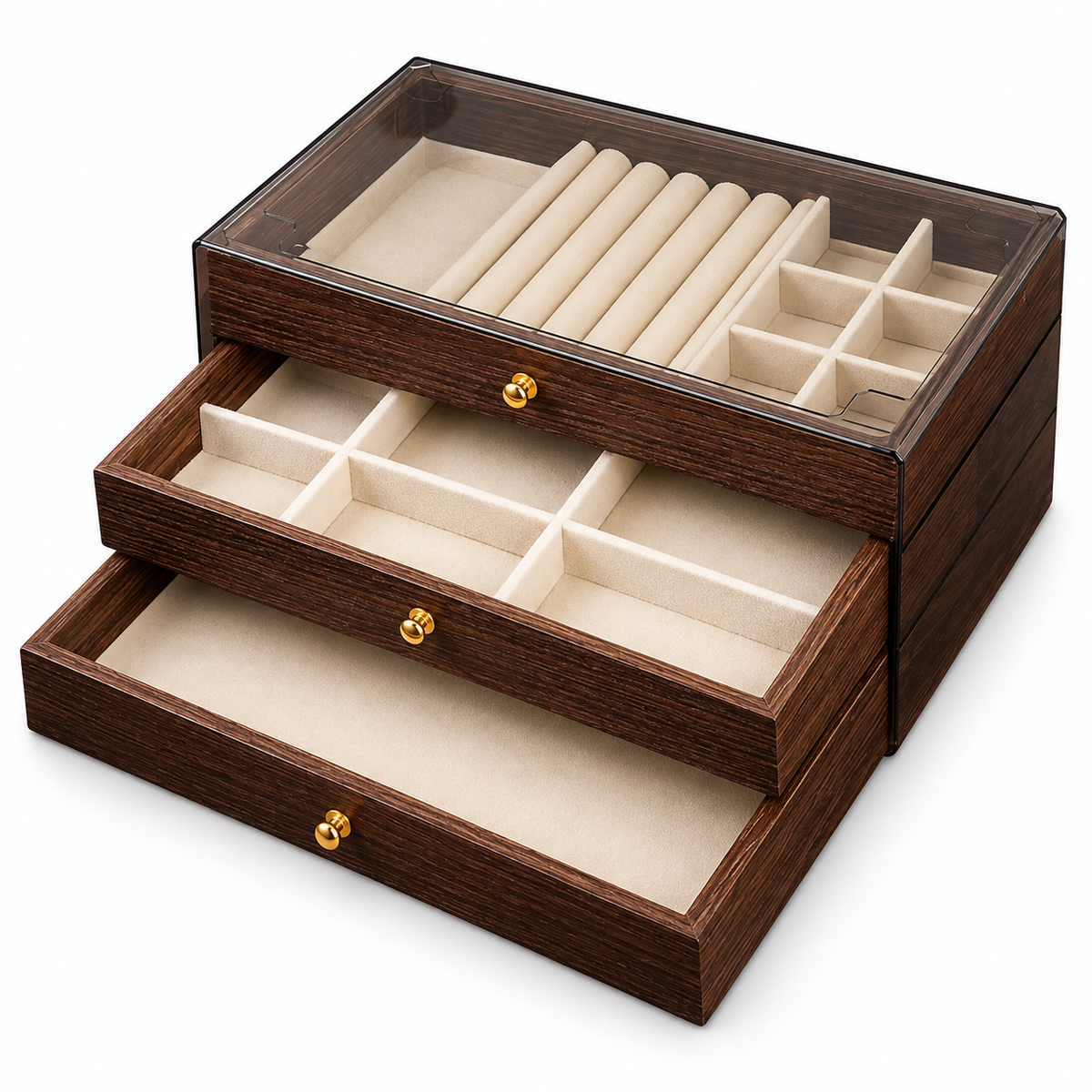 3-Tier Wooden Jewelry Box with Glass Lid