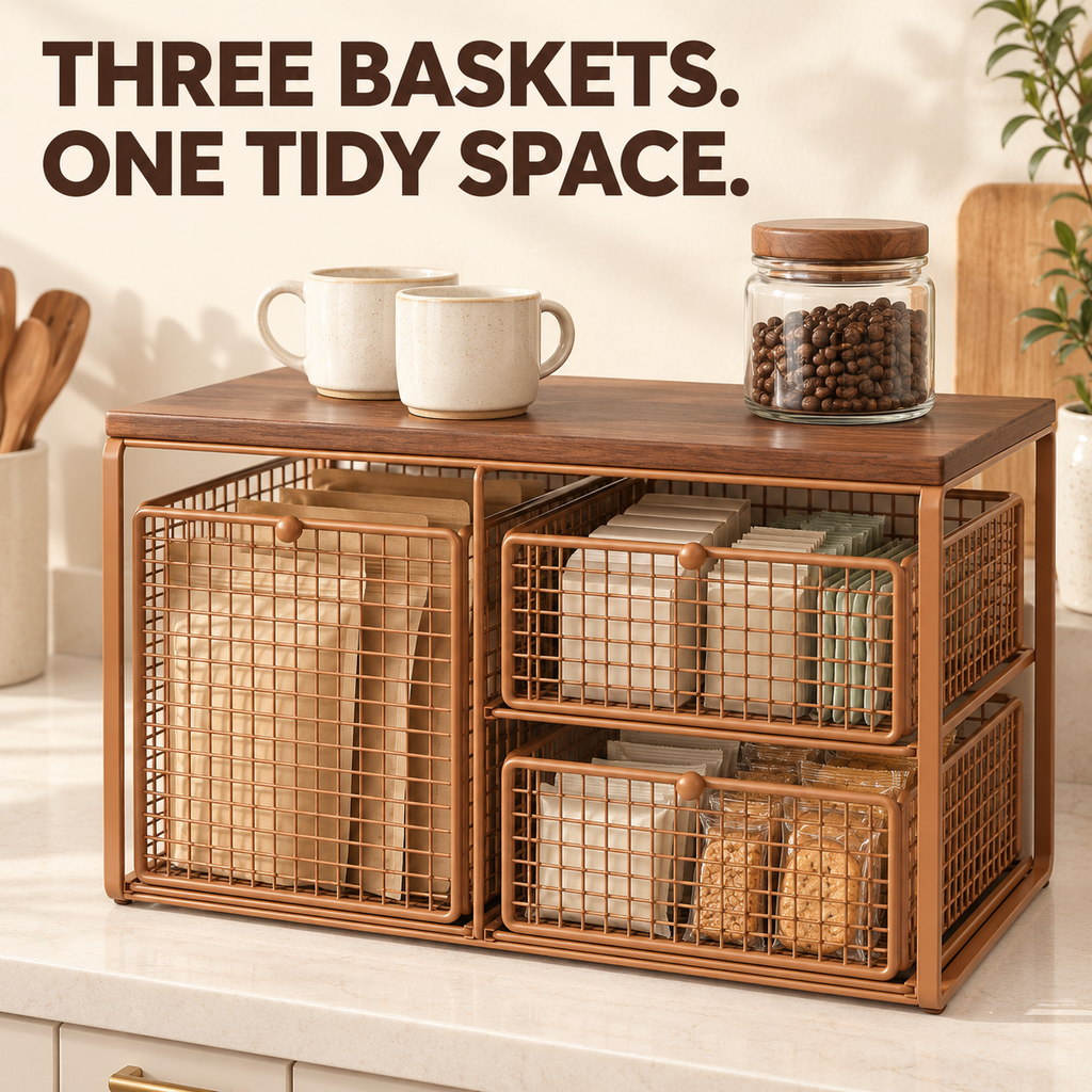 3-Drawer Wire Basket Organizer with Wood Top