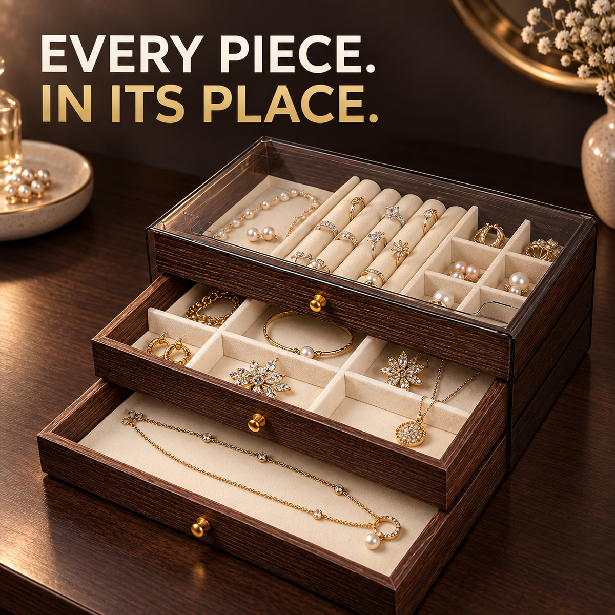 3-Tier Wooden Jewelry Box with Glass Lid