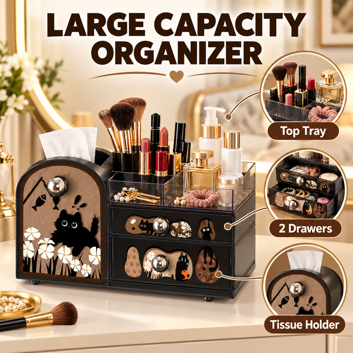 Cute Black Cat Desktop Makeup Organizer