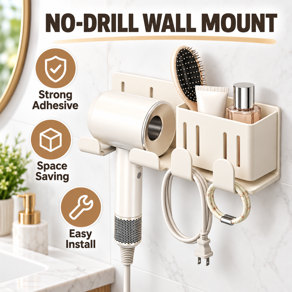 Wall-Mounted Hair Dryer Holder with Storage Caddy