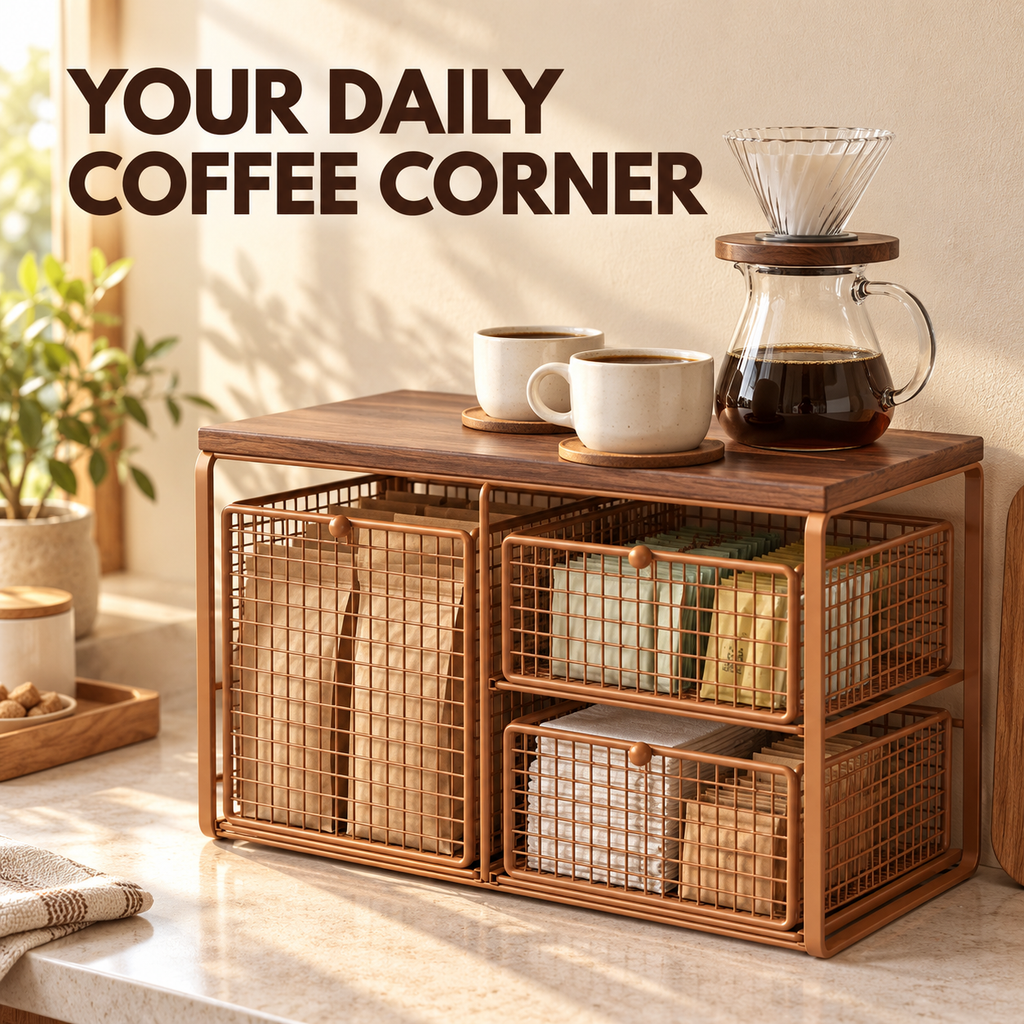 3-Drawer Wire Basket Organizer with Wood Top