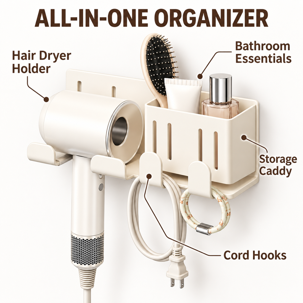 Wall-Mounted Hair Dryer Holder with Storage Caddy