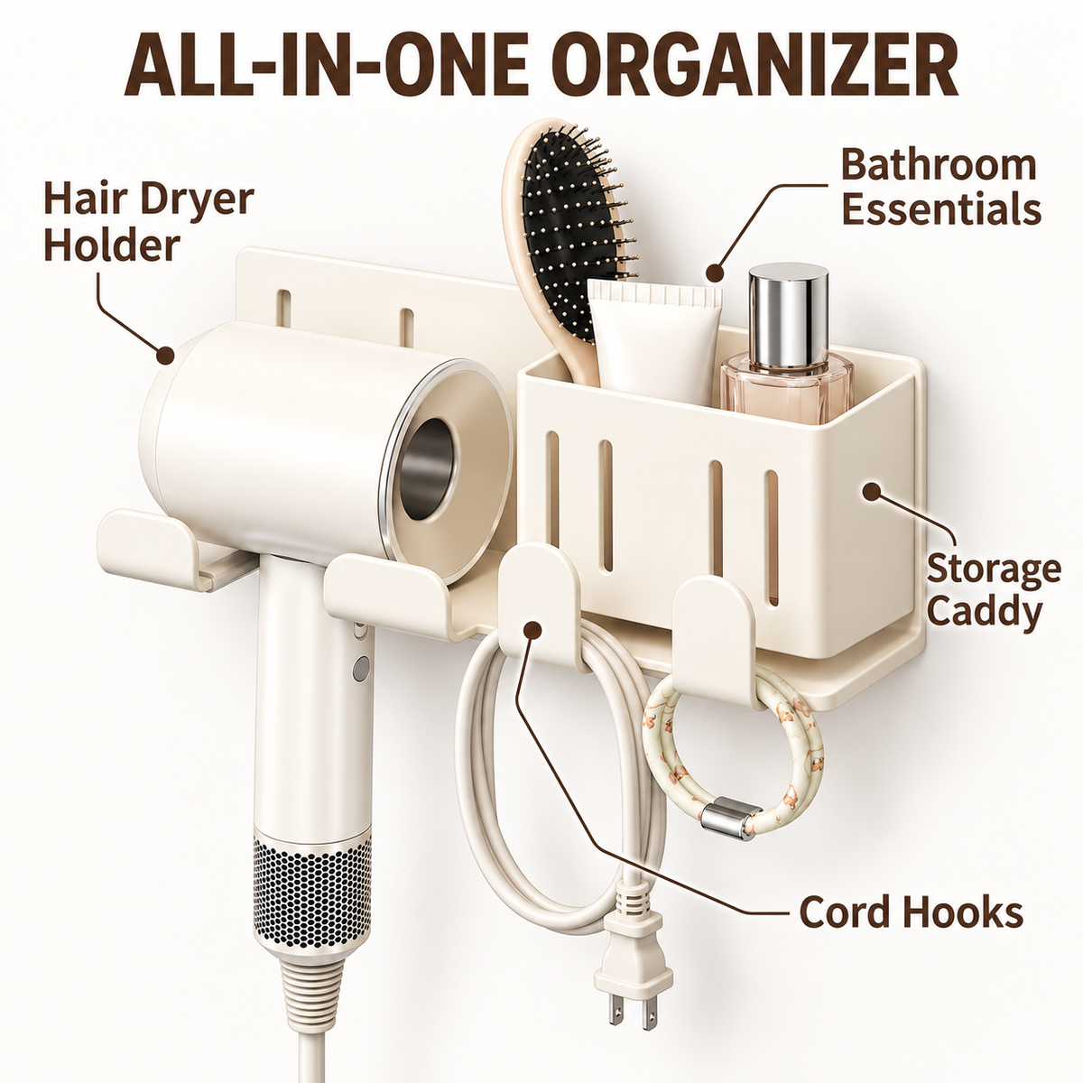 Wall-Mounted Hair Dryer Holder with Storage Caddy