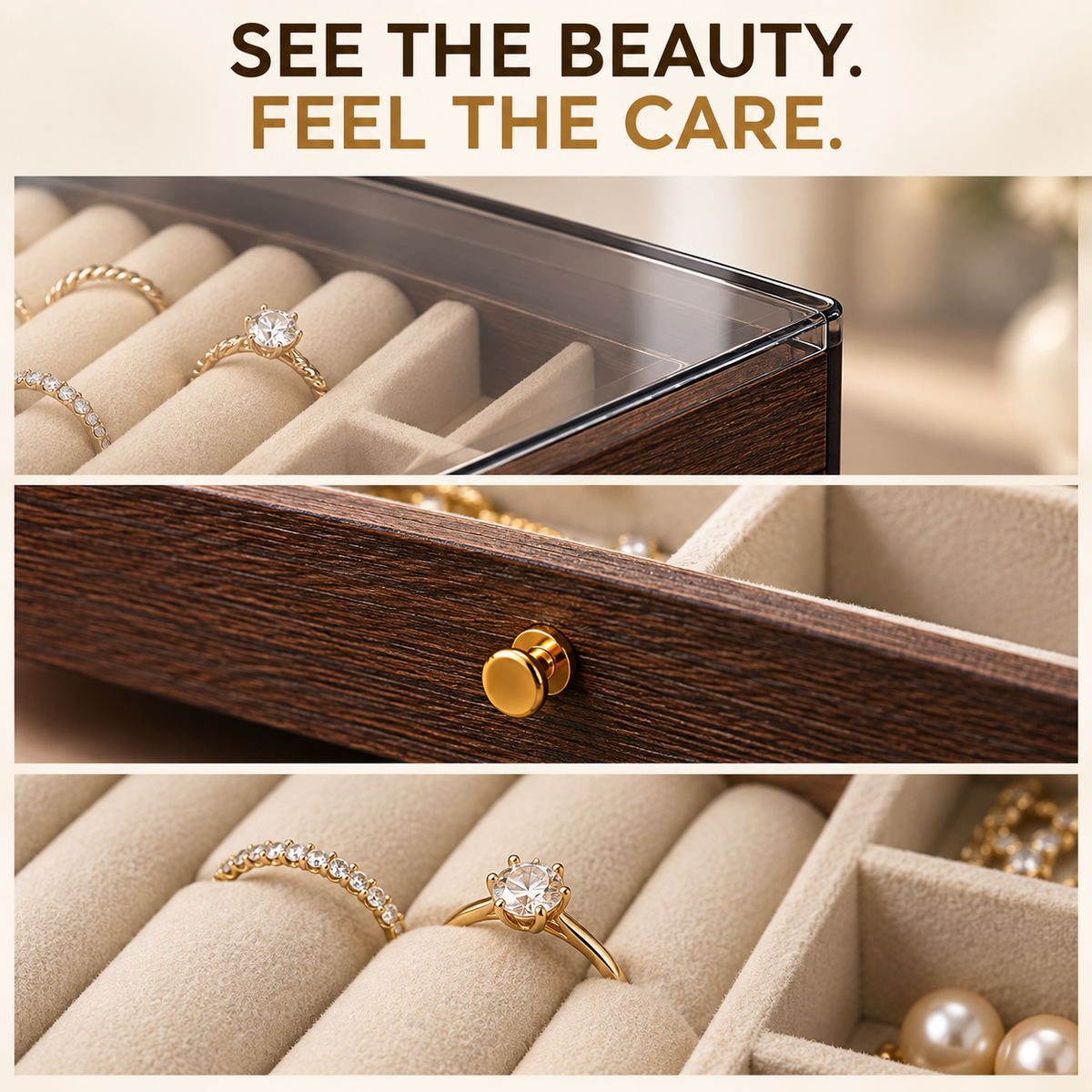 3-Tier Wooden Jewelry Box with Glass Lid