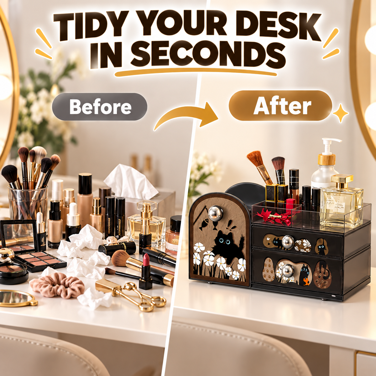 Cute Black Cat Desktop Makeup Organizer