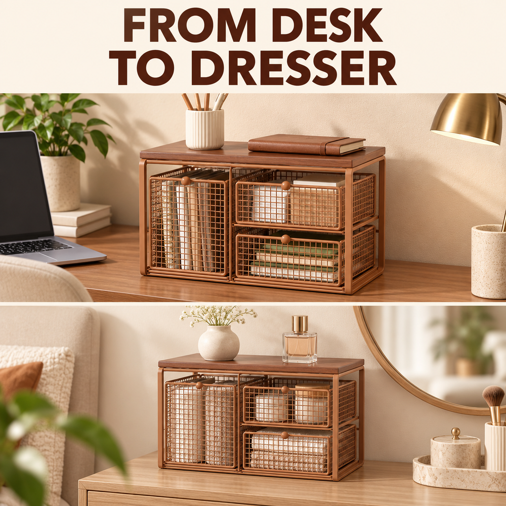 3-Drawer Wire Basket Organizer with Wood Top