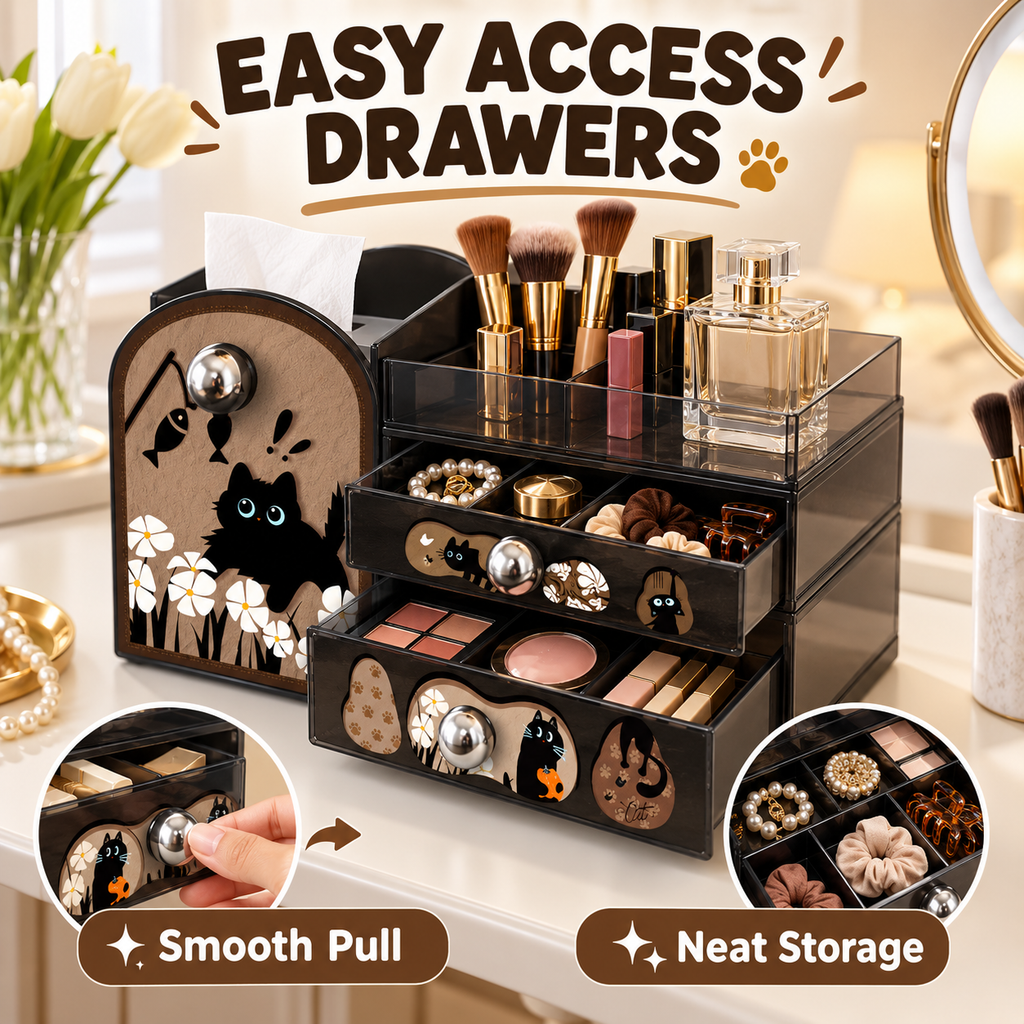 Cute Black Cat Desktop Makeup Organizer
