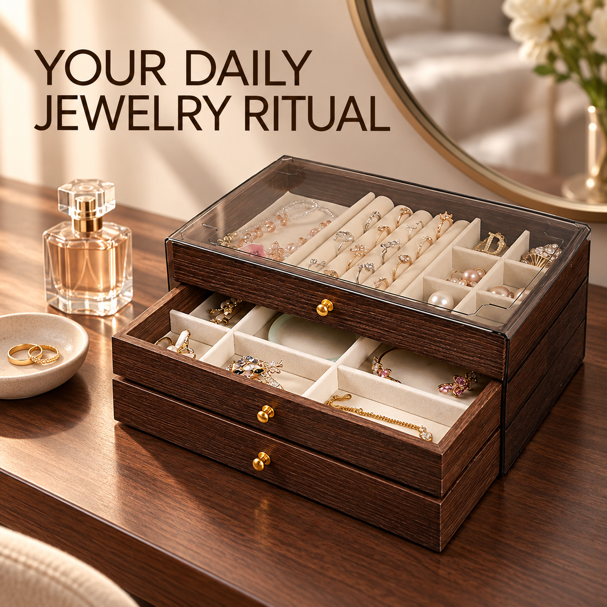 3-Tier Wooden Jewelry Box with Glass Lid
