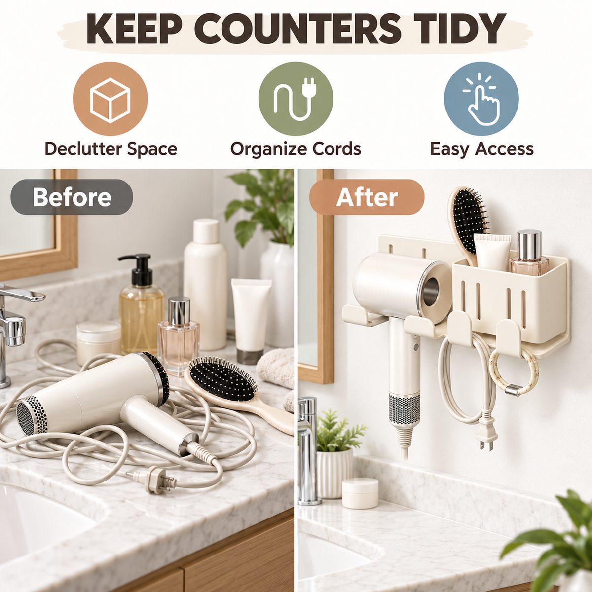 Wall-Mounted Hair Dryer Holder with Storage Caddy