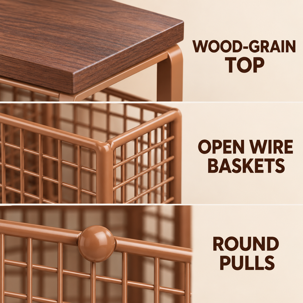 3-Drawer Wire Basket Organizer with Wood Top
