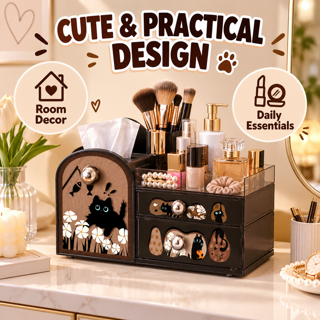 Cute Black Cat Desktop Makeup Organizer