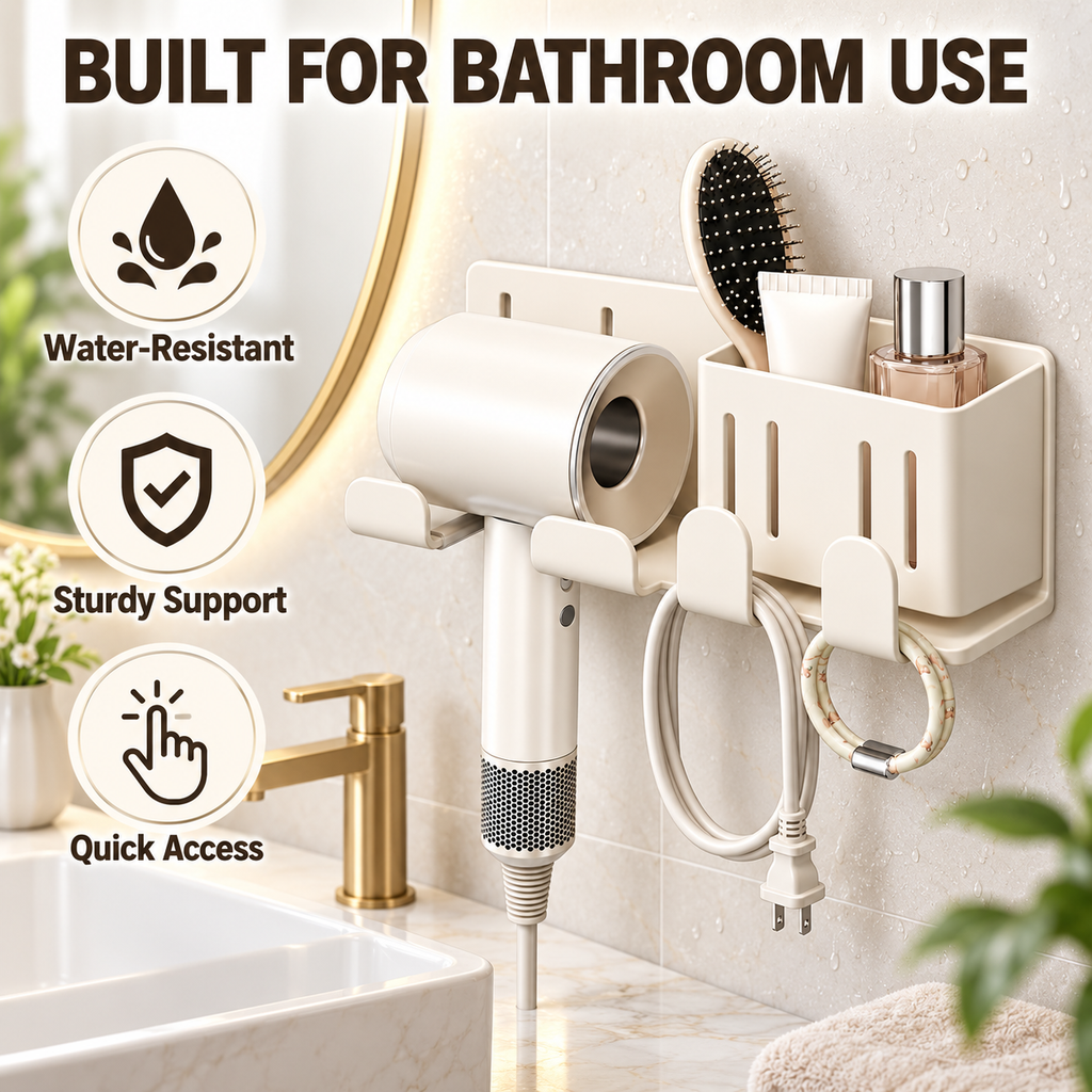 Wall-Mounted Hair Dryer Holder with Storage Caddy