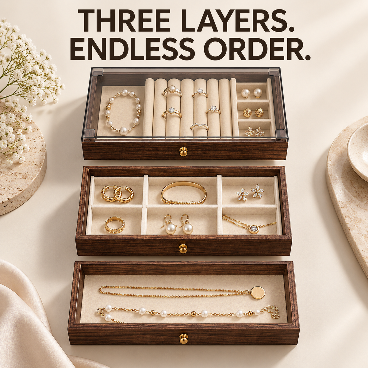 3-Tier Wooden Jewelry Box with Glass Lid