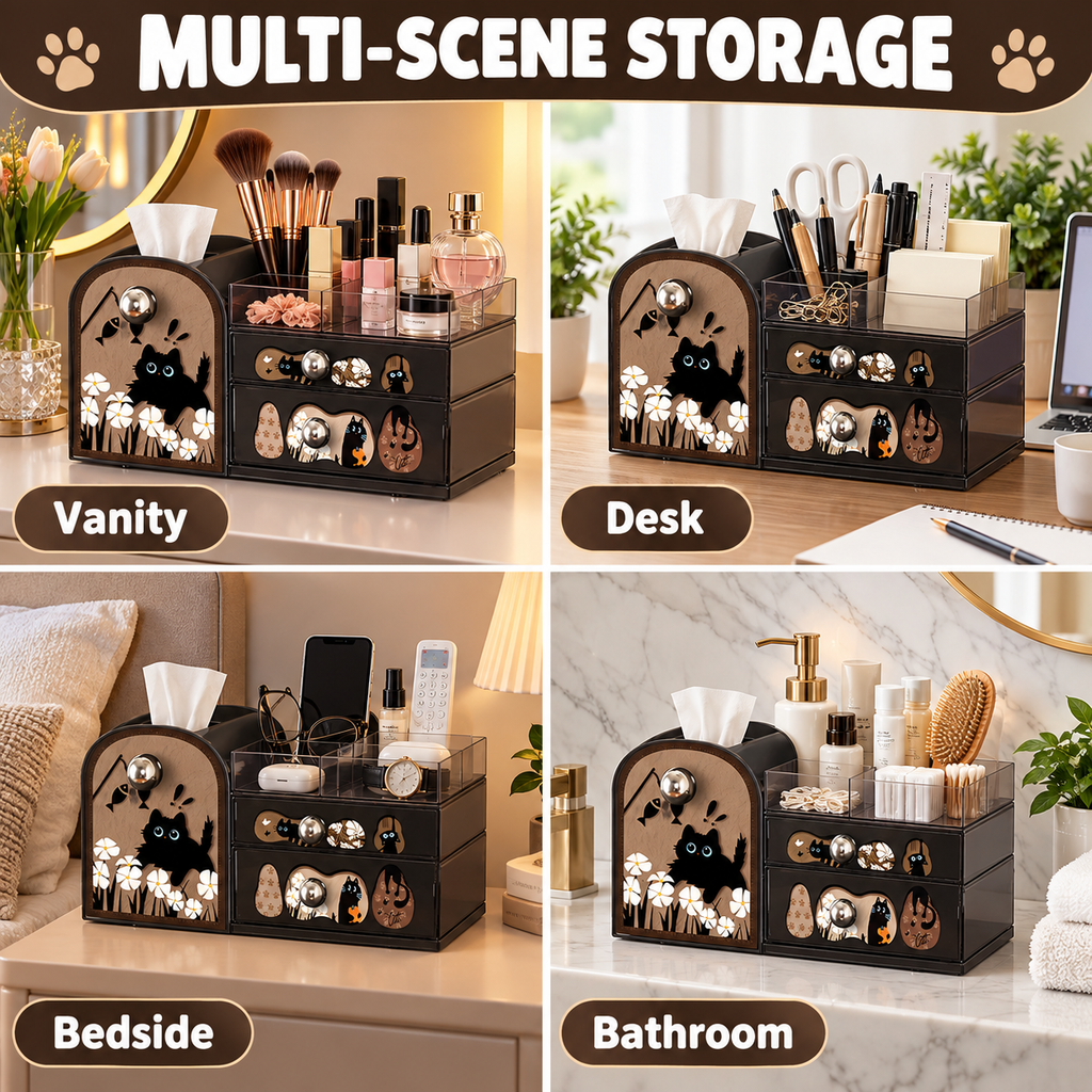 Cute Black Cat Desktop Makeup Organizer